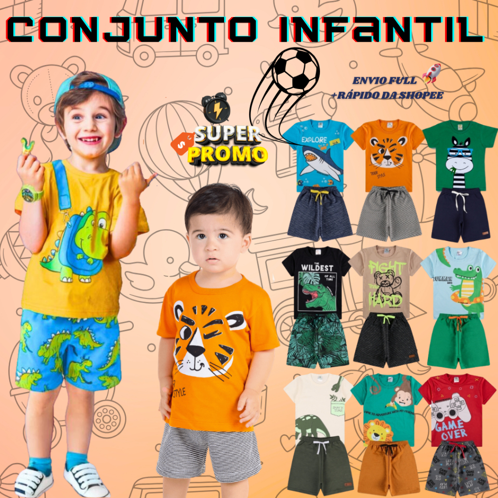 Kit até 4 Peças Conjunto Infantil Menino Cotton Premium Roupa Infantil Roupa Bebê Algodão 1 a 6 Anos