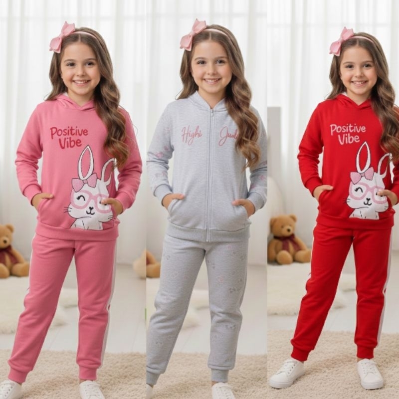 Conjunto Moletom Infantil Menina Inverno Flanelado Agasalho De Frio Feminino Casaco + Calça