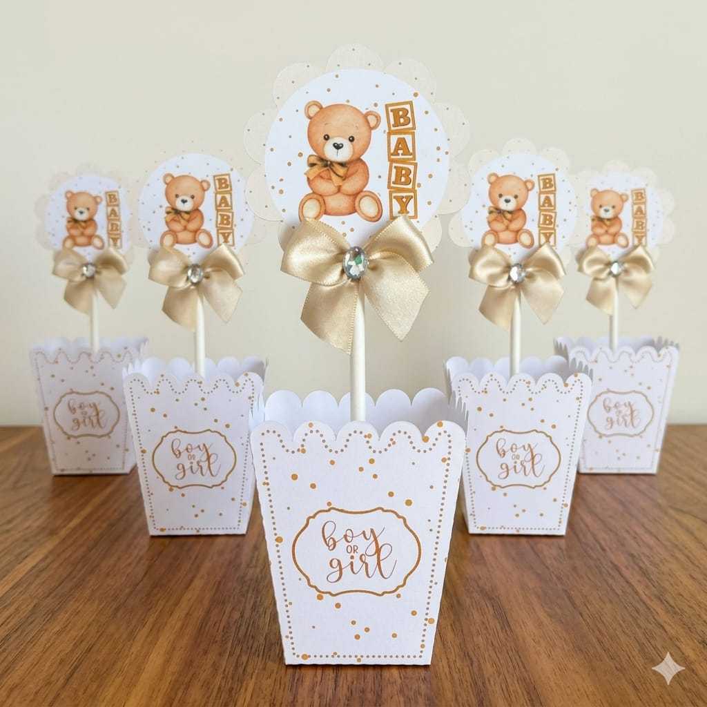 Kit Centro de mesa Chá Revelação Ursinho Bege com Dourado | Personalizado | Enfeite Cachepô | Decoração