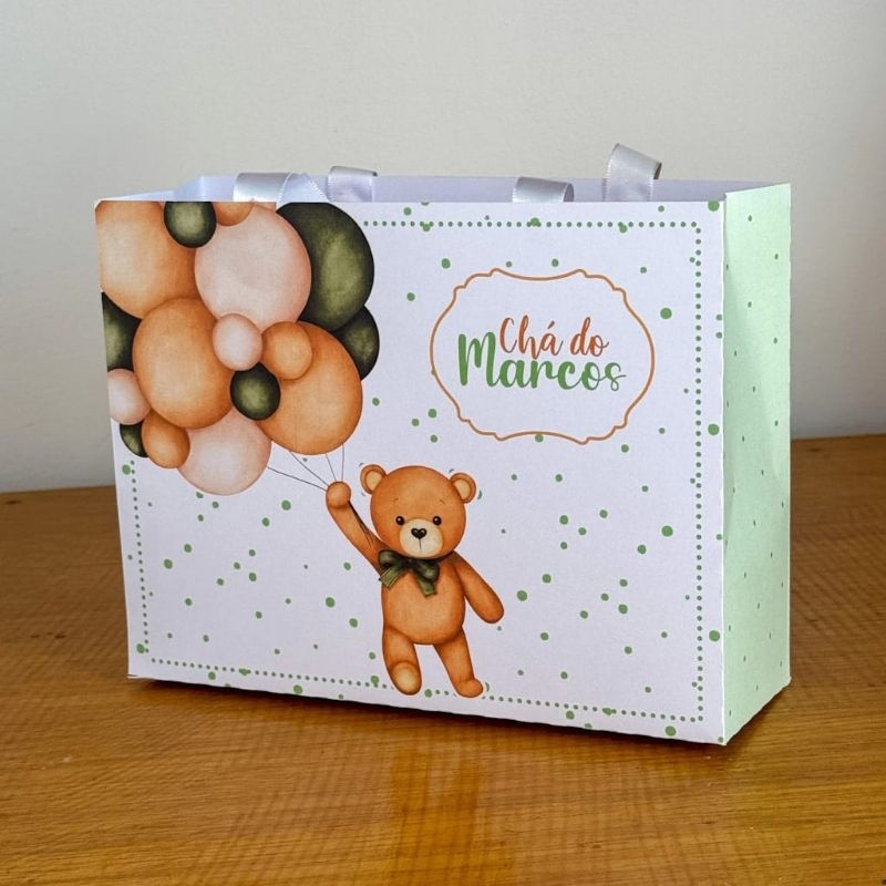 sacolinha surpresa chá de baby ursinho,lembrancinha chá de baby ursinho verde,sacolinha personalizada ursinho verde
