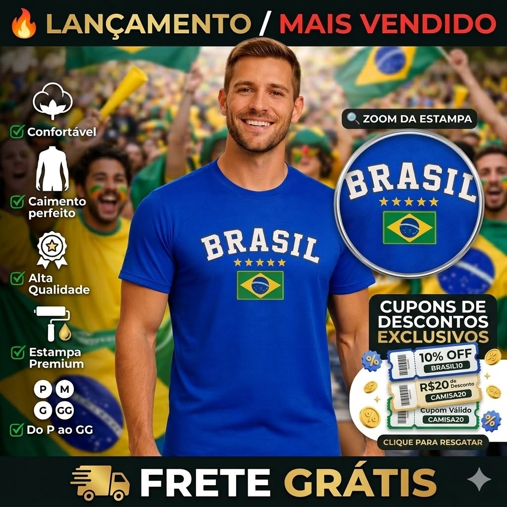 Camiseta Brasil Estampada em Algodão | Torcida Copa do Mundo Masculina | Brasil | Promoção