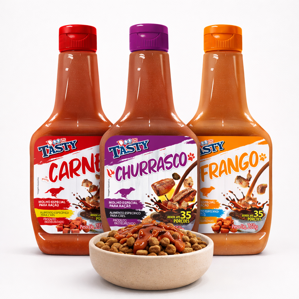 Kit 3 Molhos Doogs Para Ração seca ou umida Cachorro Cães Aumenta Apetite  + Petisco Bifinho Brinde