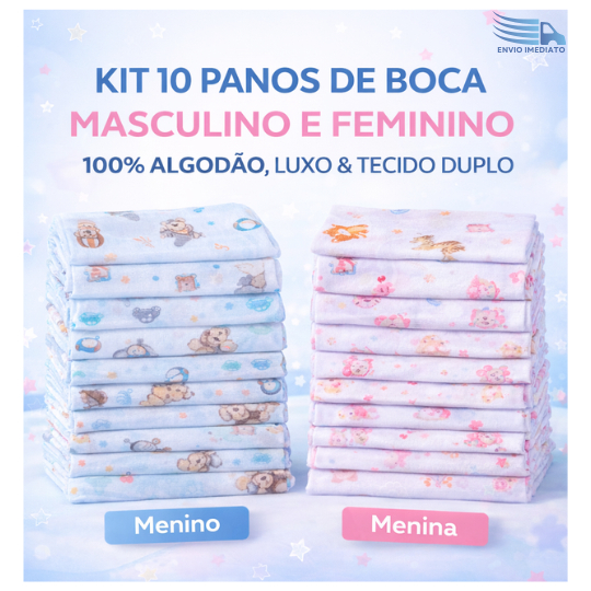 Kit 10 Panos de Boca com Bainha Estampado Algodão em Fralda Luxo