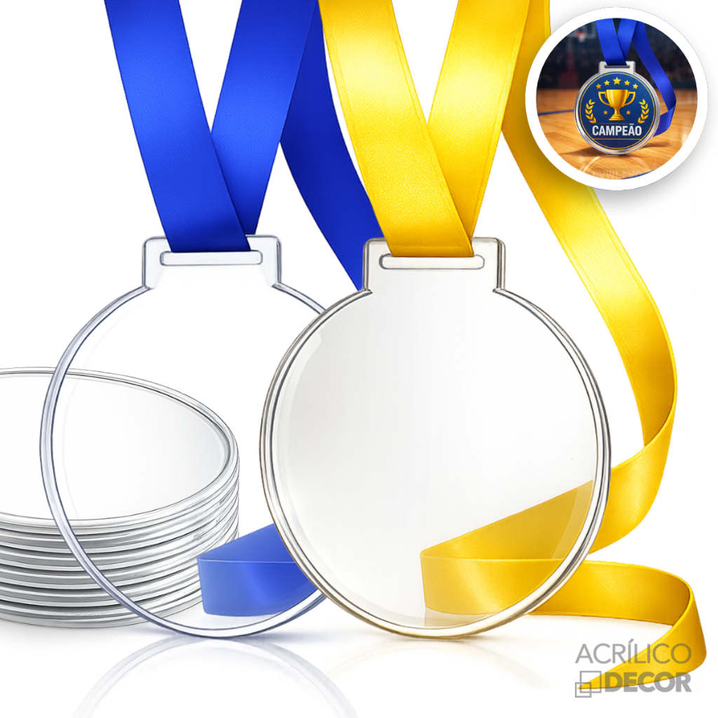 Medalha Acrílico Cristal 2mm 5cm Com Fita ( Kit 30 / 50 / 100 unidades ) Premiação Campeões