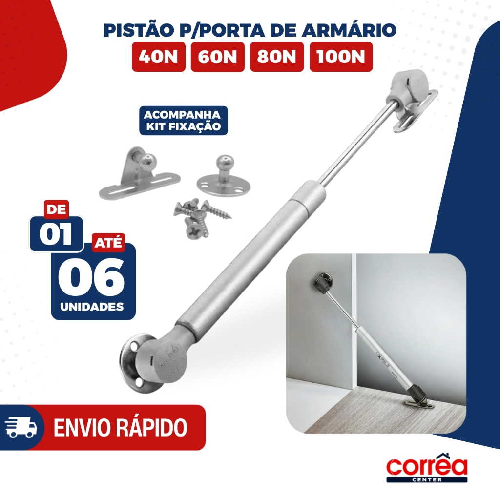 Pistão a Gás para Porta de Armário – 40N, 60N, 80N ou 100N – Abertura para Cima – 1 até 6 unidades