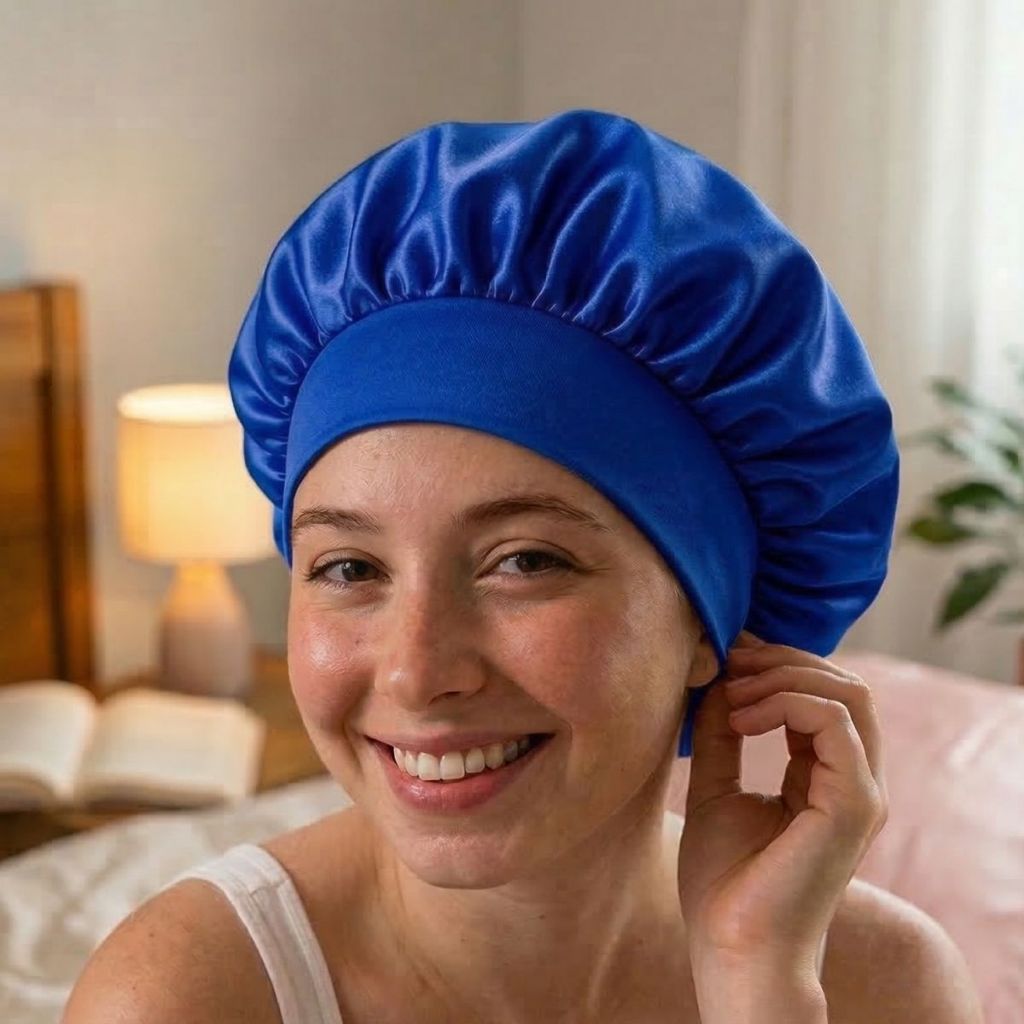 Touca De Cetim Dupla Face Anti Frizz Para Dormir Confortável Faixa Grossa Cor Azul Royal Envio Imediato