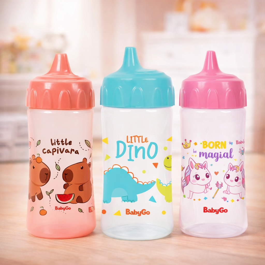Copo de Treinamento Infantil com Válvula Redutora de Pingos 240ml BabyGo Dino, Unicórnio, Capivara
