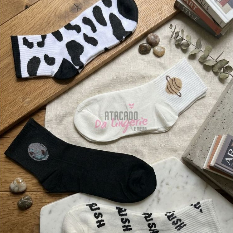 Kit 3 Pares Meia Algodão Cano Médio Longo Estampada Fashion Vaquinha Zebra Lua Moda Feminina