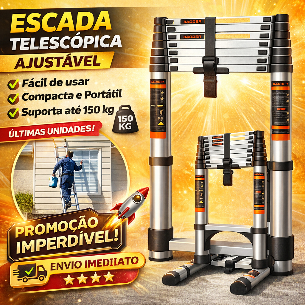 Escada Telescopica Multifuncional 3,1/3,5m 9 Degraus Inox Prata - Para Limpeza, Pintura e Manutenção