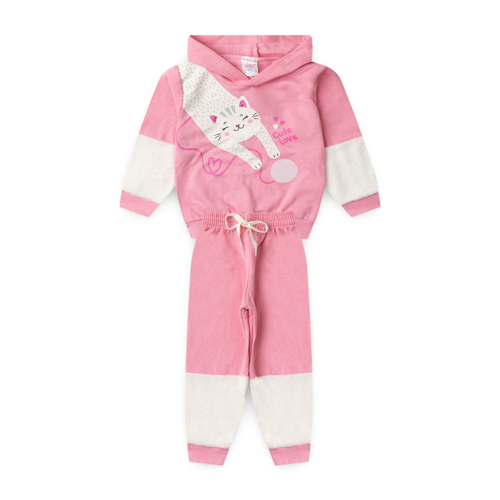 Conjunto Infantil Inverno Menina Rosa Médio Com Branco Blusão e Calça Em Moletom Com Recortes Fleece
