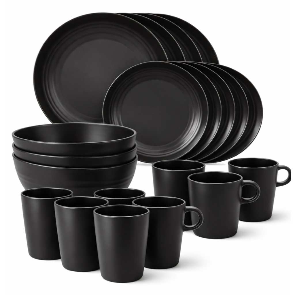 Jogo Aparelho de Jantar 20 Peças de Plástico Completo Pratos Jantar Sobremesa Bowls Copos Canecas