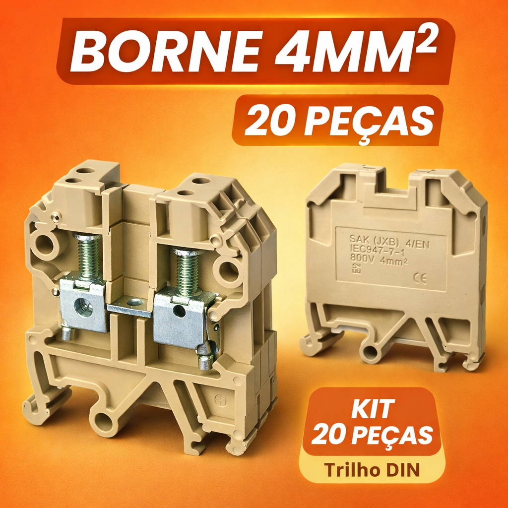 Terminal Borne Sak 4mm Bege Para Trilho Din Conector Kit 20 Peças