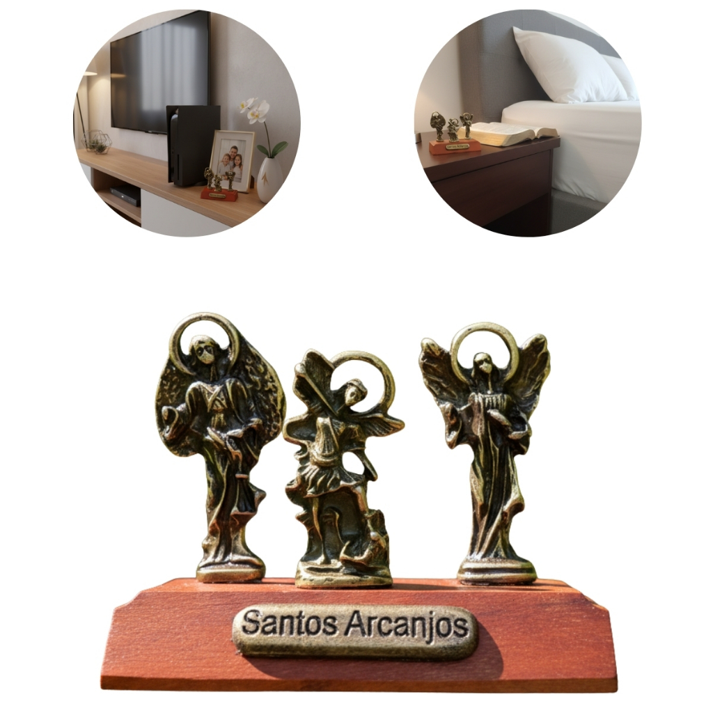 Decoração de Mesa Arcanjo Miguel Gabriel Rafael Feito em Metal e Madeira Enfeite para Casa Escritório e Outros