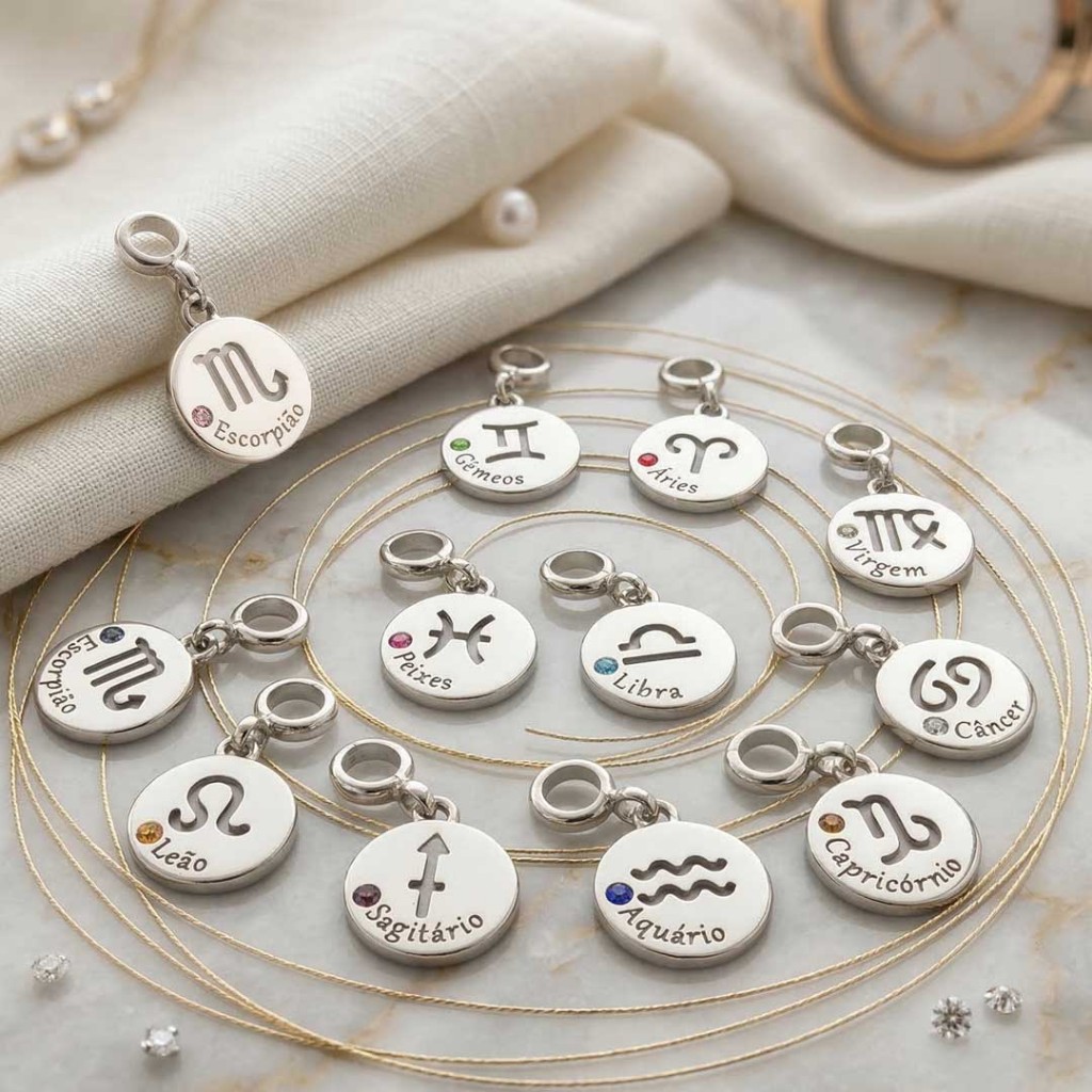 Imagem Berloques Signos e Profissões Dupla Face Redondo Prateados com Strass