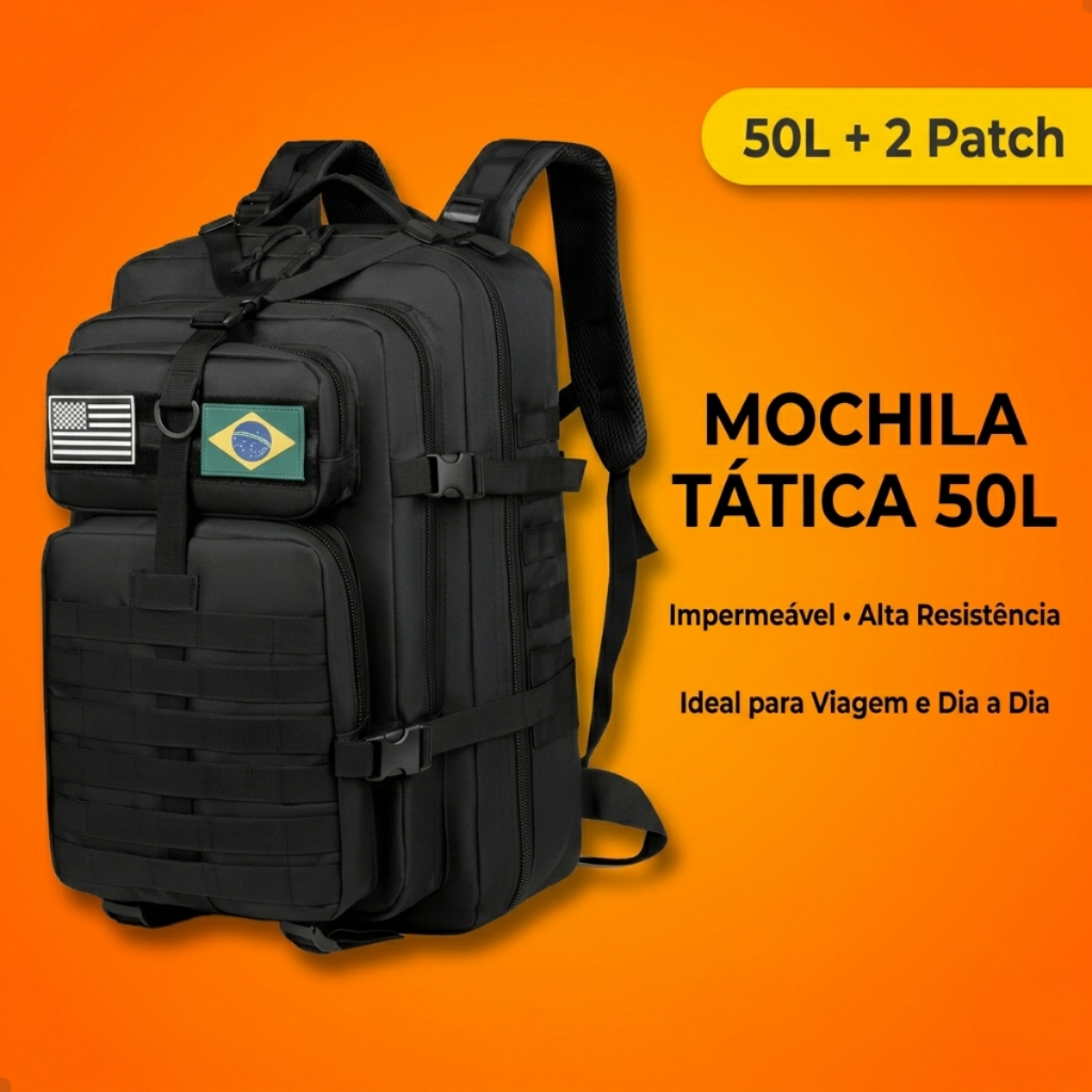 Mochila Tatica 50 Litros Militar Reforcada Impermeavel Sistema Molle Camping Trilha Viagem Masculina Com 2 Bandeiras