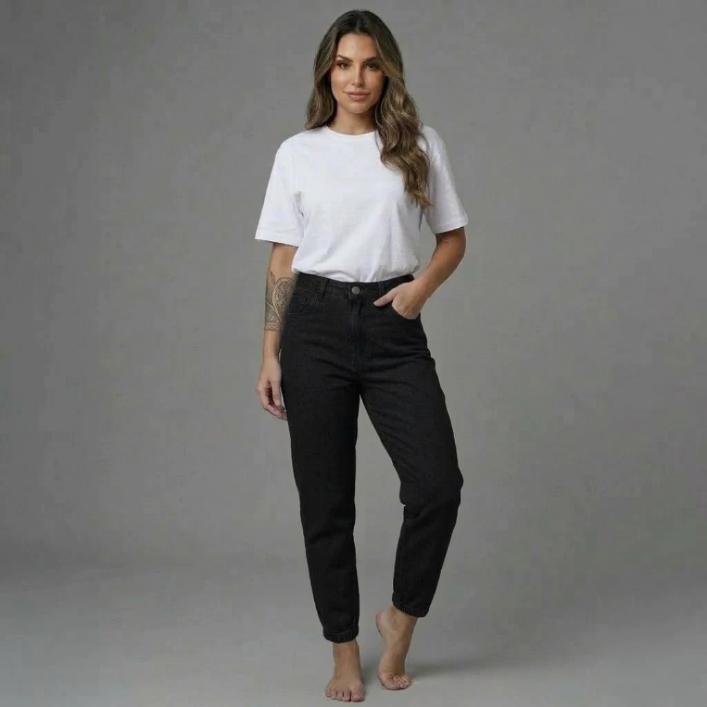 Calça Roupa Feminina Estilosa Moda Jeans Mom Moderna Cor Preta — imagem 1