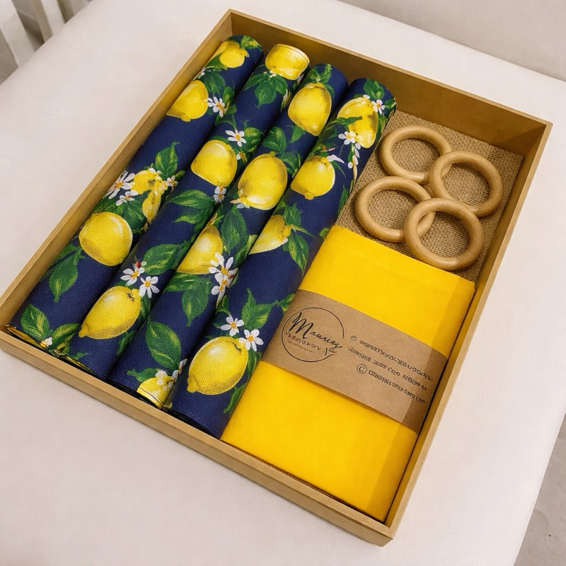 Kit Jogo Americano + Argolas + Guardanapos Box Manci 04 Lugares Completos Decoração Mesa Posta Limão