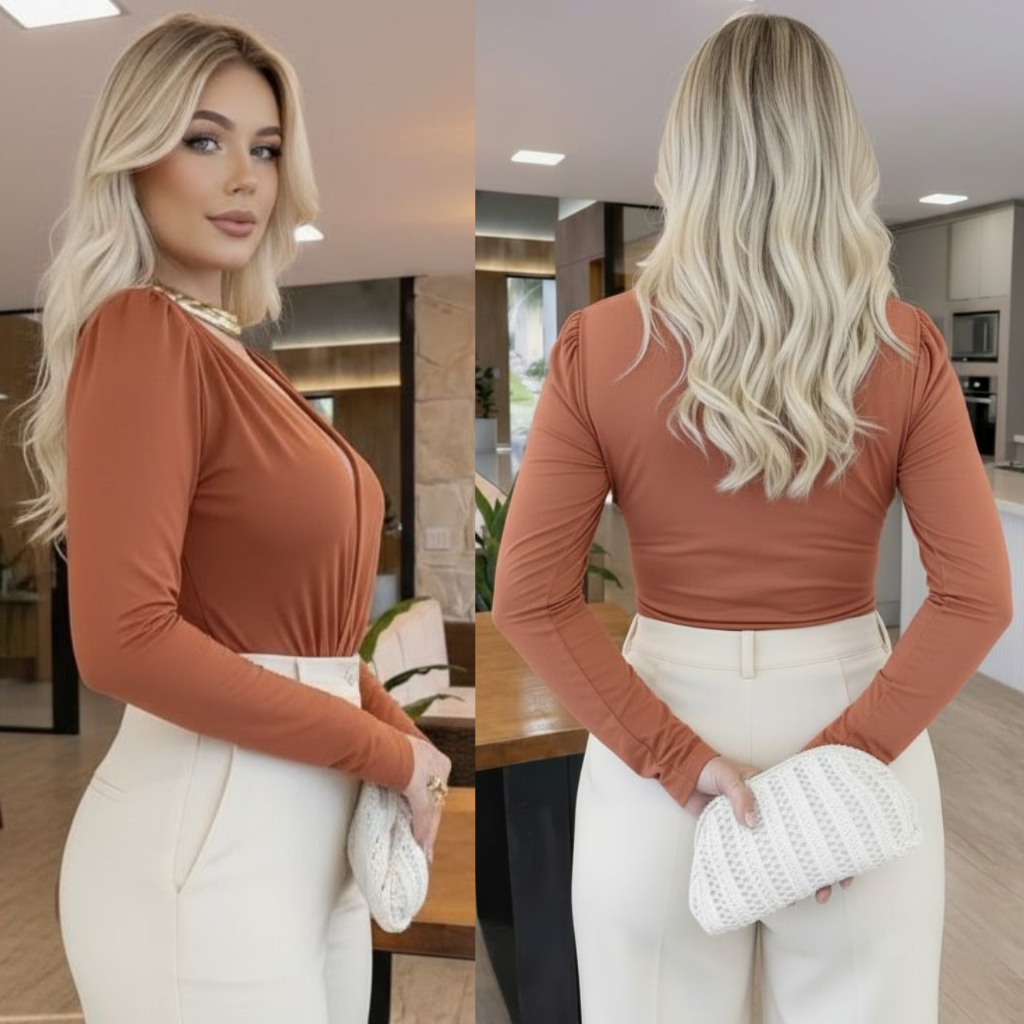 Body Feminino Manga Longa Decote V Elegante Body Social Moda Feminina 36 ao 42