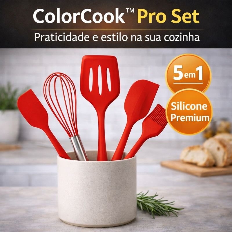 ™ Pro Set — PratiColorCook  Utensílios Silicone 5 Peças  Vermelho Espátula - Fouet - Pincel - Antiaderente