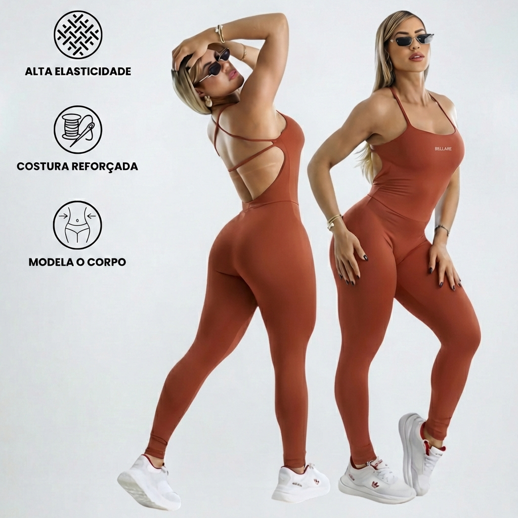 Macacão Academia Feminino Longo com Costas Abertas e de Alças Cruzadas em Suplex Premium