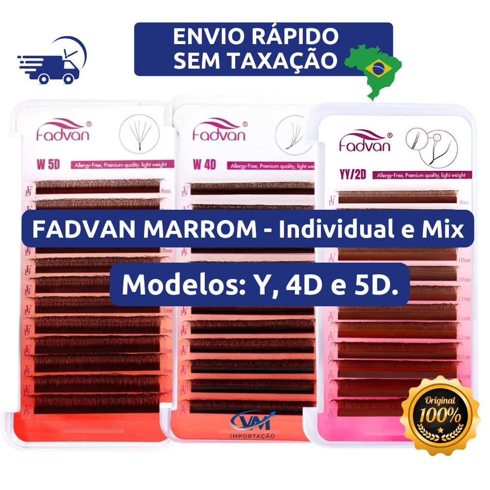 Cílios Fadvan Y, 4D, 5D Cor Marrom Curvatura D e M Volume Brasileiro Egípcio Efeito Fox e Delineado