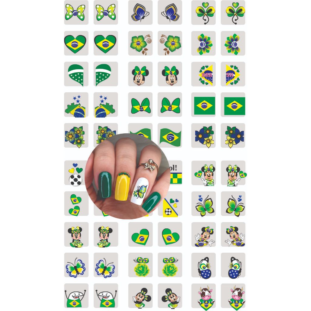 Adesivos De Unha- Cartela 30 Pares Copa do Mundo Brasil 2026 Verde e Amarelo Torcida Hexa Flores Borboletas Personagem