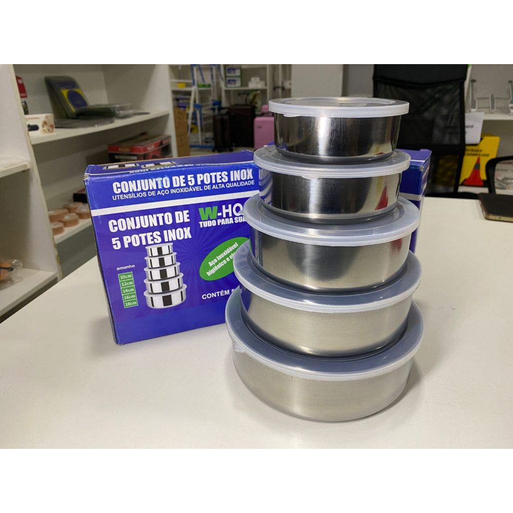 Pote de Inox Com Tampa Potes Redondos Jogo de Tijela Hermético Cozinha