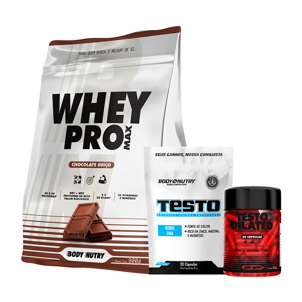 Kit Whey Protein com Vitaminas e Minerais + Pré Treino - Whey Pro 900g + Testos 90c - Body Nutry