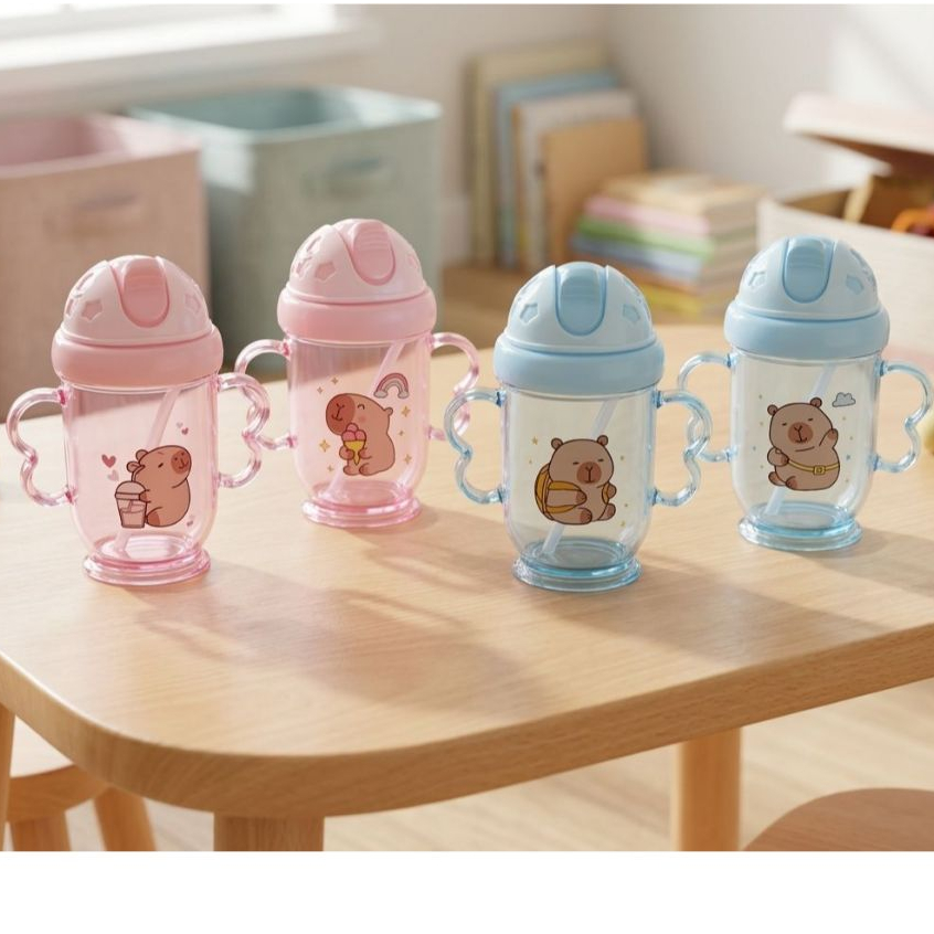 Copo Infantil Com Bico Silicone Canudo Alça Plástico 260ml Capivara — imagem 2 de 2