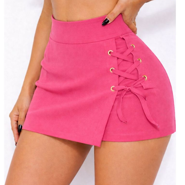 Short Saia Bengaline Feminino Cintura Alta com Amarração Lateral Ilhós Moda Blogueira