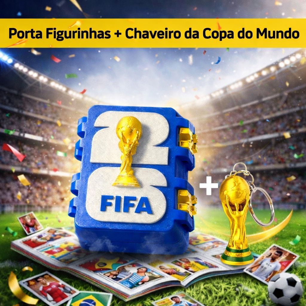 Porta Figurinhas Copa 2026 e Chaveiro da Taça Estojo Caixa Organizador Compacto Armazenamento Album