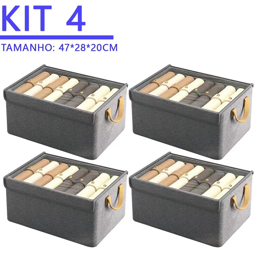 Kit 4 Caixas Organizadoras Closet com Tampa Dobrável 47x28x20cm