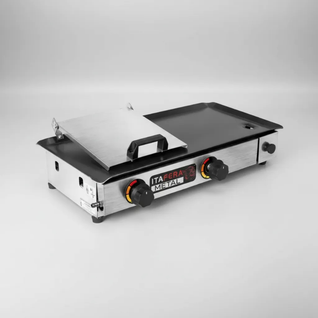 Chapa 60x30cm P/ Fazer Lanches Com Prensa Com 2 Queimadores Chapeira Industrial Aço Inox