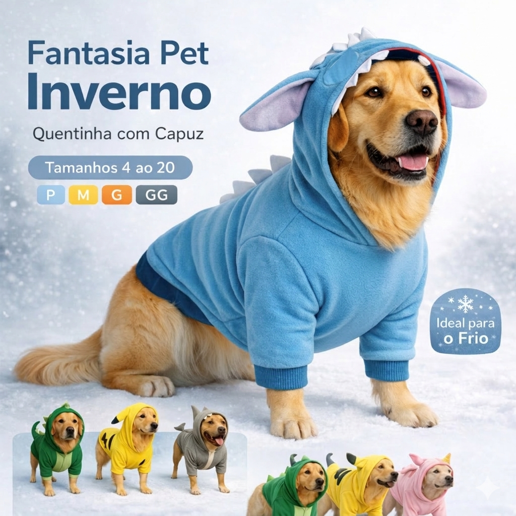 Fantasia Pet Inverno com Capuz Roupa Quente  Cachorro Personagens Stitch Dino Pikachu Tam 8 ao 20