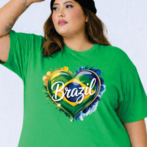 Camisetão e Vestido Brazil coração torcida feminina moda plus size até o 64 copa Brasil