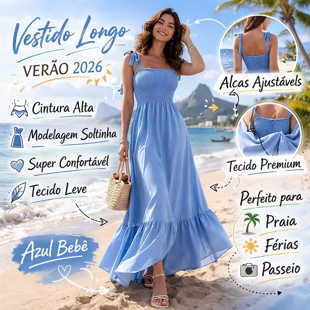 Vestido Longo Feminino Verão Alça Ajustável Cintura Alta Soltinho Praia Elegante Casual Moda 2026