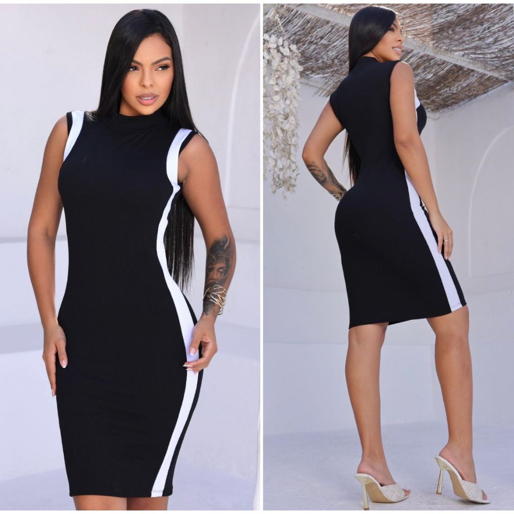 Vestido Midi Regata Listrado Feminino Canelado Justo Casual Elegante Moda Verão P ao GG