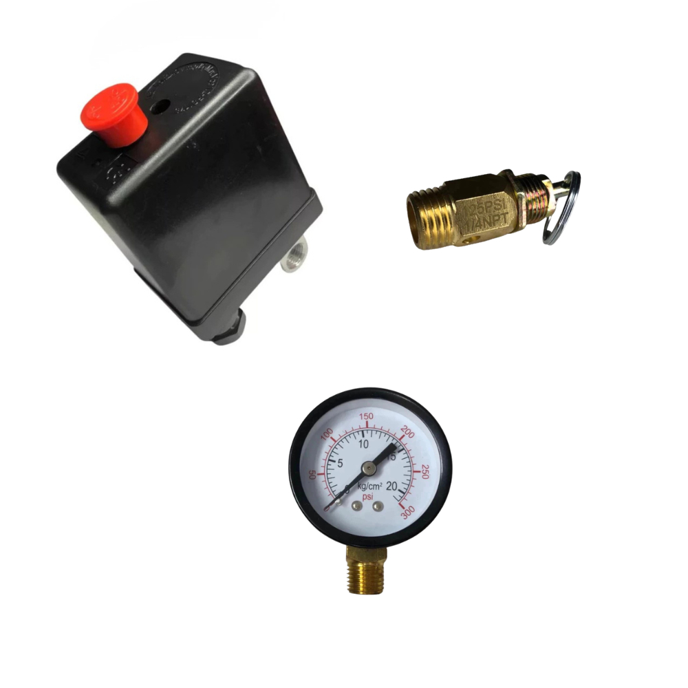 Kit Pressostato Automático 80-120PSI 1 Via + Válvula de Segurança 125PSI + Manômetro 300PSI