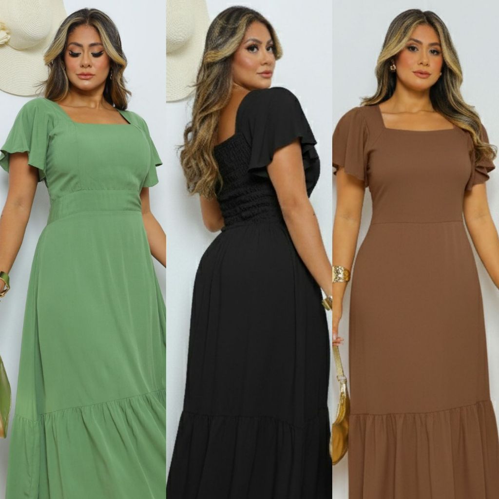 Vestido Feminino Midi Manga Curta Liso com Bojo Forro Tecido Elastex nas Costas Moda Social Festa em Oferta na Shopee