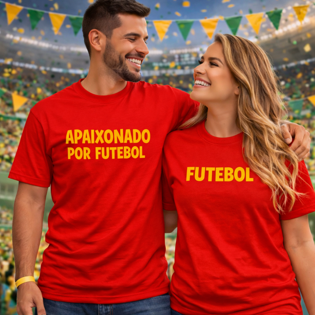 Kit 2 Camiseta Camisa Casal Combo Frase Criativa Apaixonado Por Futebol Copa Brasil Tendência Oferta
