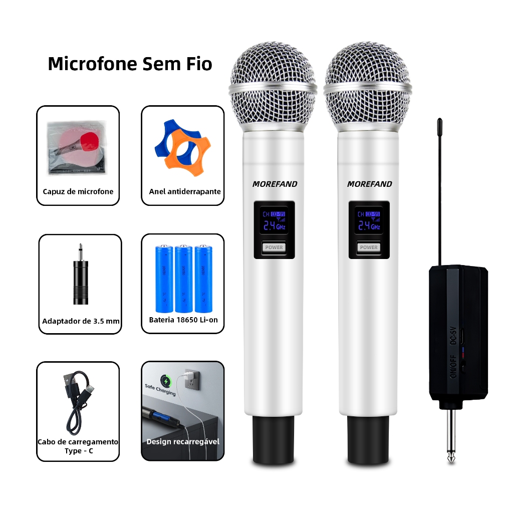 Microfone Sem Fio MOREFAND 58V2-T Branco (2 Unidades) | Tela LED, Anti-Interferência, Kit Completo com Baterias 18650 pa em Oferta na Shopee