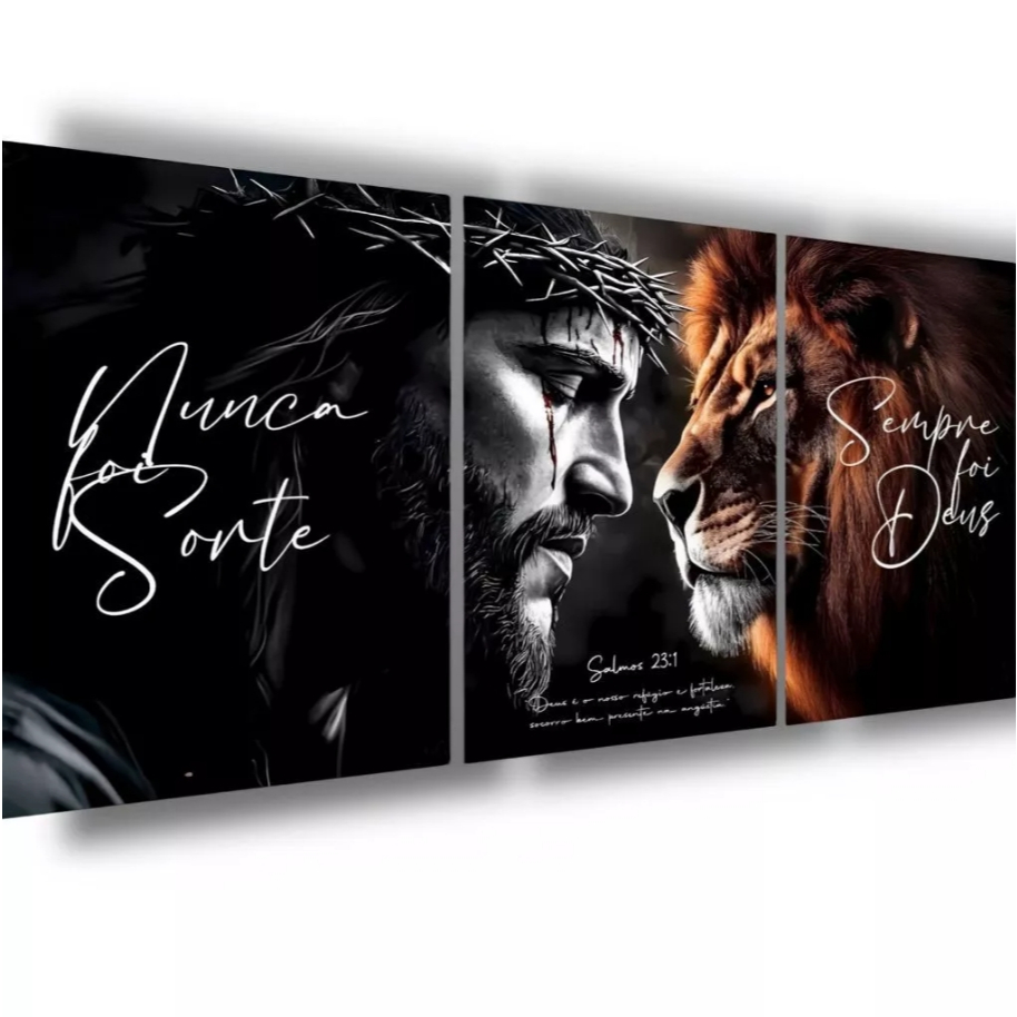 Quadro Decorativo Jesus Sala Salmo 23:1 Arte Leão de Judá Religioso Nunca Foi Sorte Sempre Foi Deus