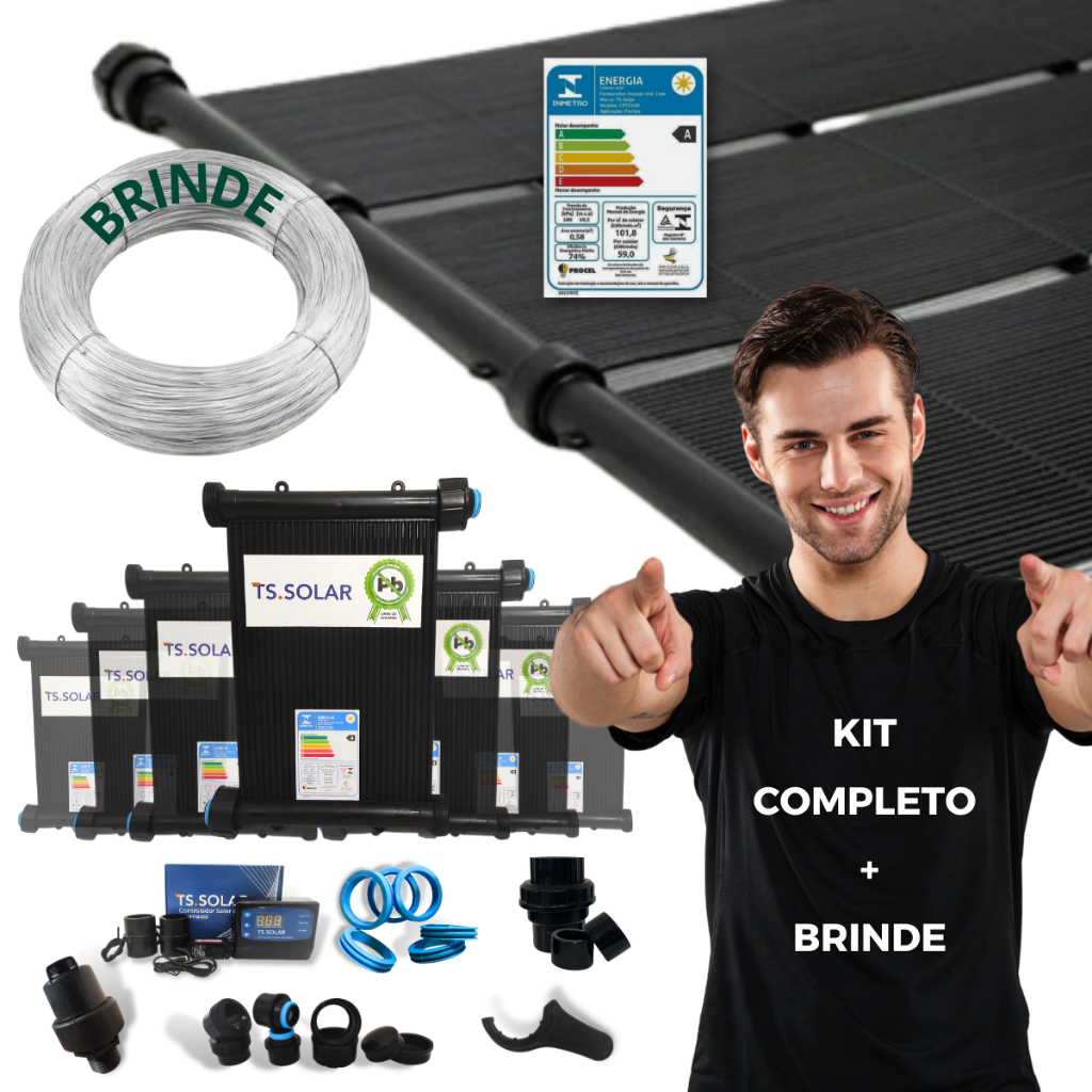 Kit Aquecedor Solar Piscina 6 Placas 3m TS Solar + Kit Fechamento + Controlador Digital + Válvulas