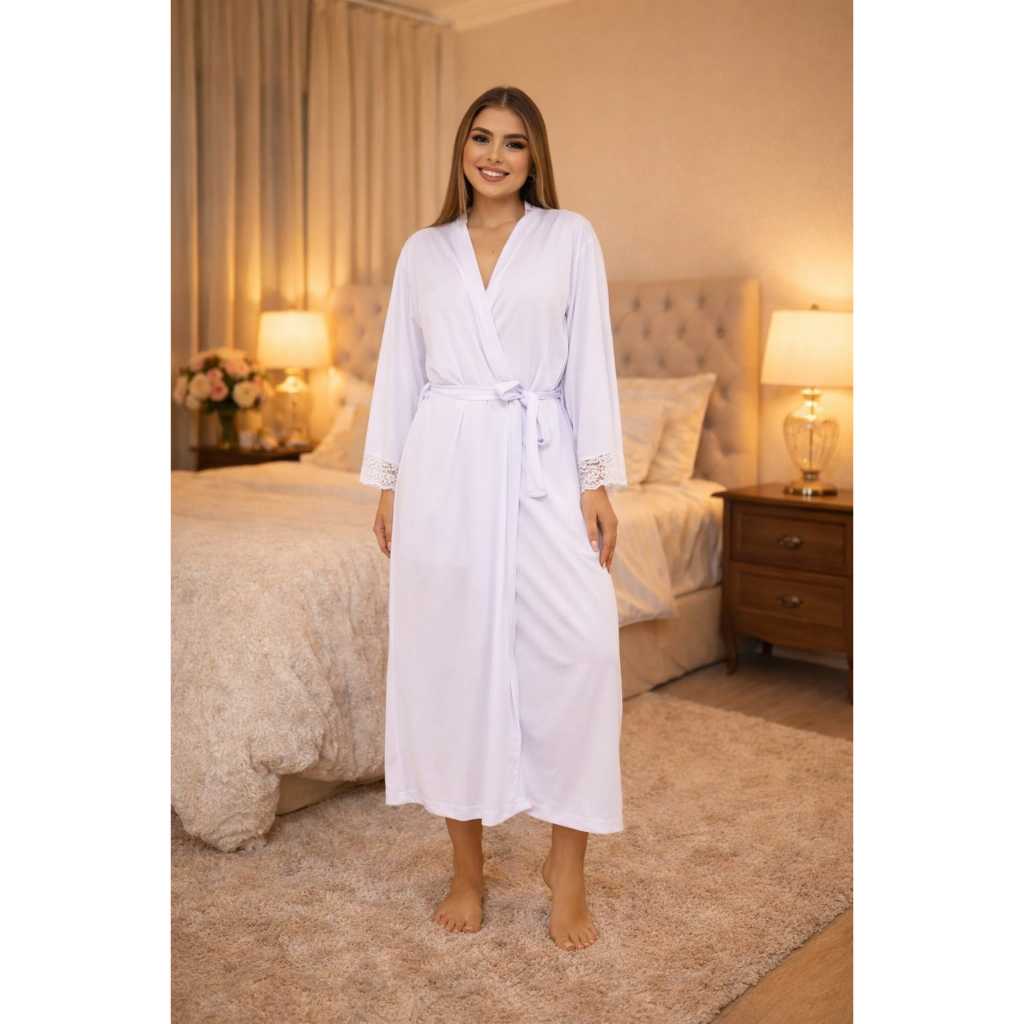Robe Longo Roupão Kimono Feminino De Renda e Cinto
