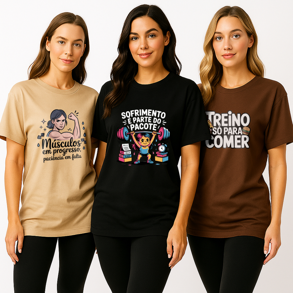 Kit 3 Camisetas de Treino Academia Feminina Estampada Algodão Oversized Blusa Conjunto Fitness