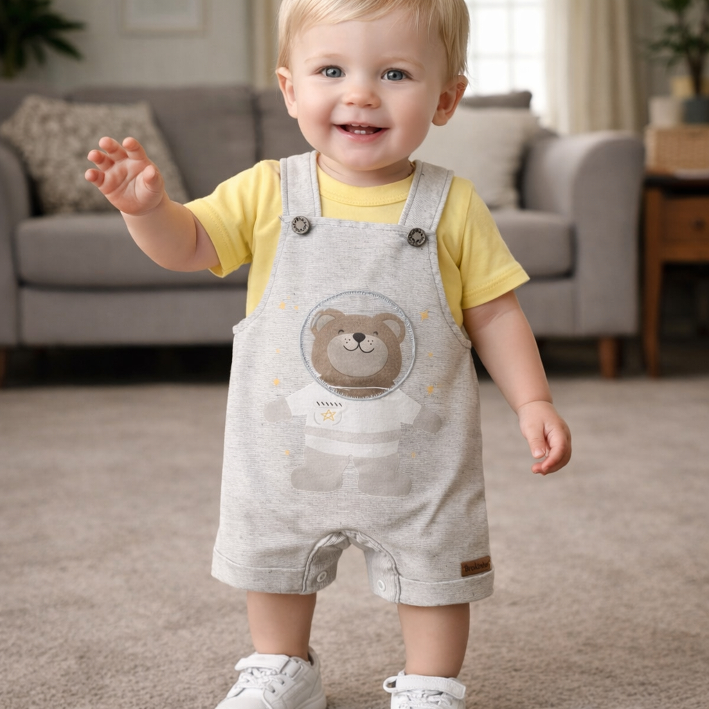 Macacão de Bebê Menino  - Jardineira estampado Astronauta  + Blusa - Brokinha REF 4408