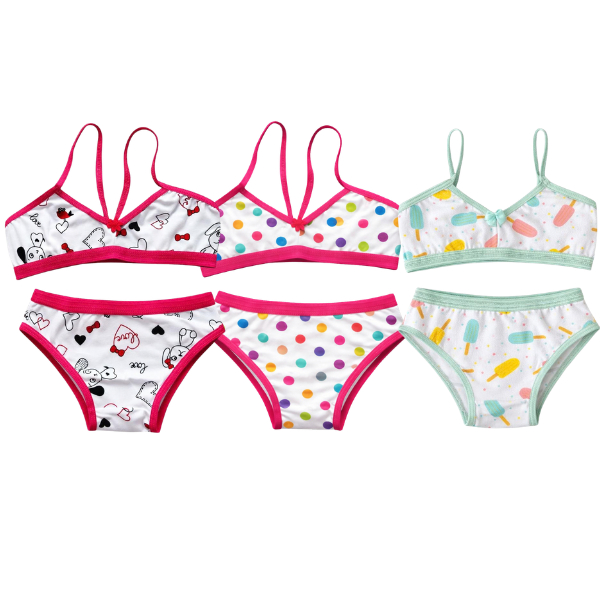 Kit 1/3 Conjuntos Calcinha e Sutiã Infantil Menina Algodão Estampas Variadas