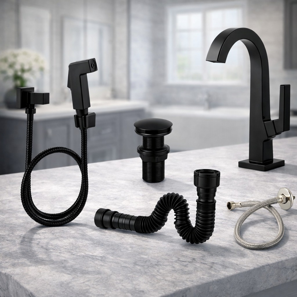 Kit Torneira Banheiro Preta Luxo ABS Bancada Ducha Higiênica Metal Válvula Click Sifão Engate 40cm