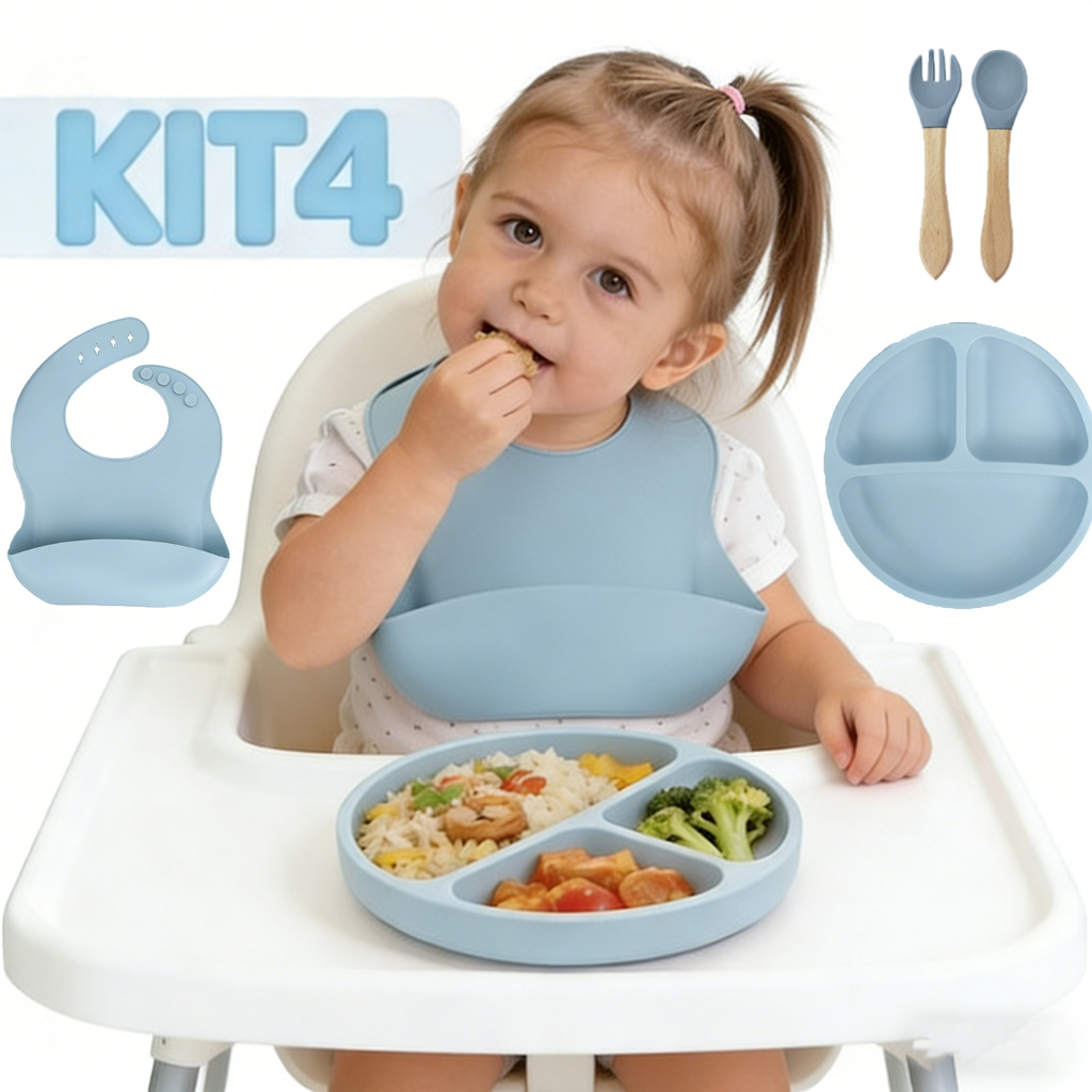 4 Talheres Bebê Novo Silicone Peças Talheres Infantil Com Ventosa Canudo Colher Babador Garfo