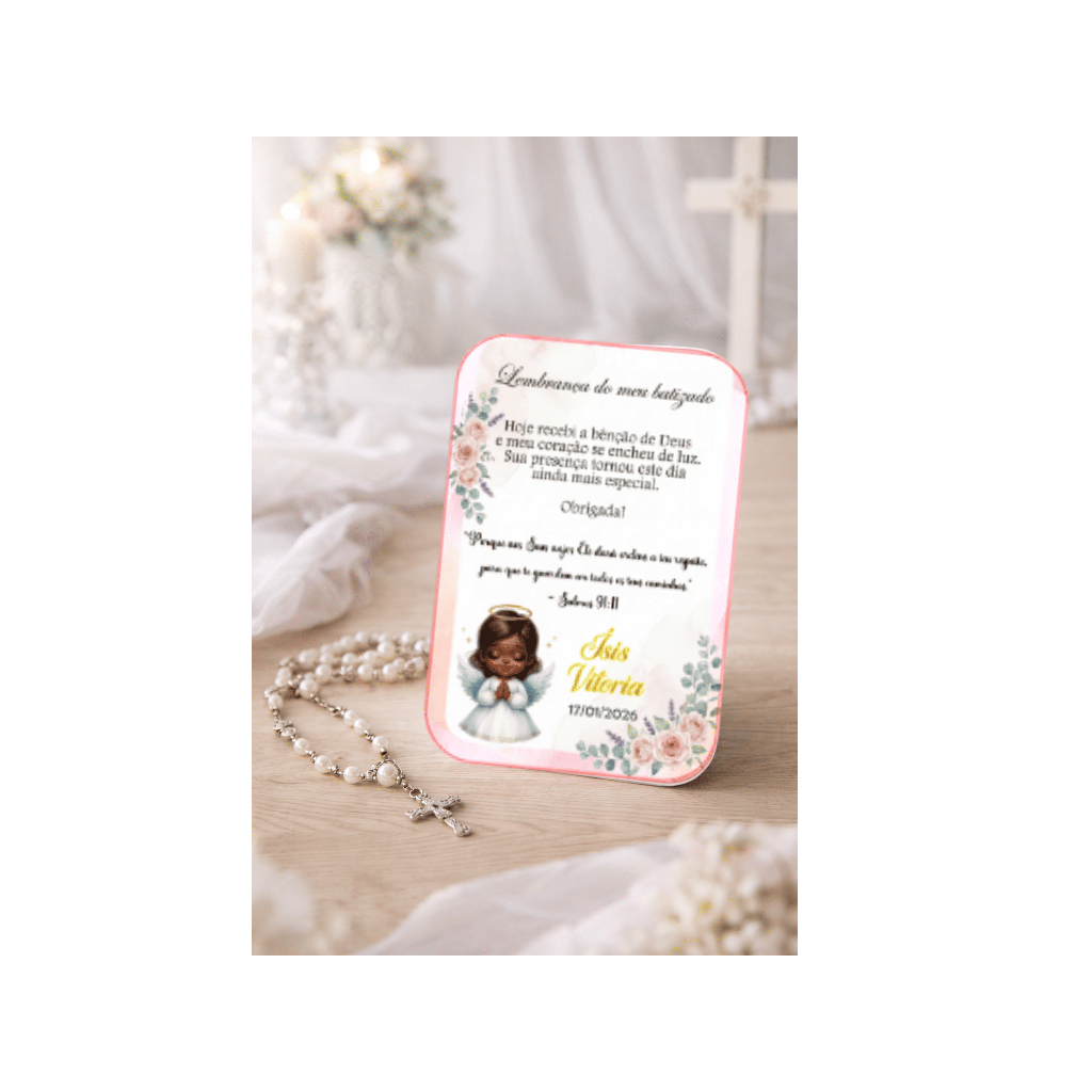 Kit Cartão Lembrancinha Batizado Personalizado para Mini Terço (Não acompanha) + Saquinho Envio Imediato